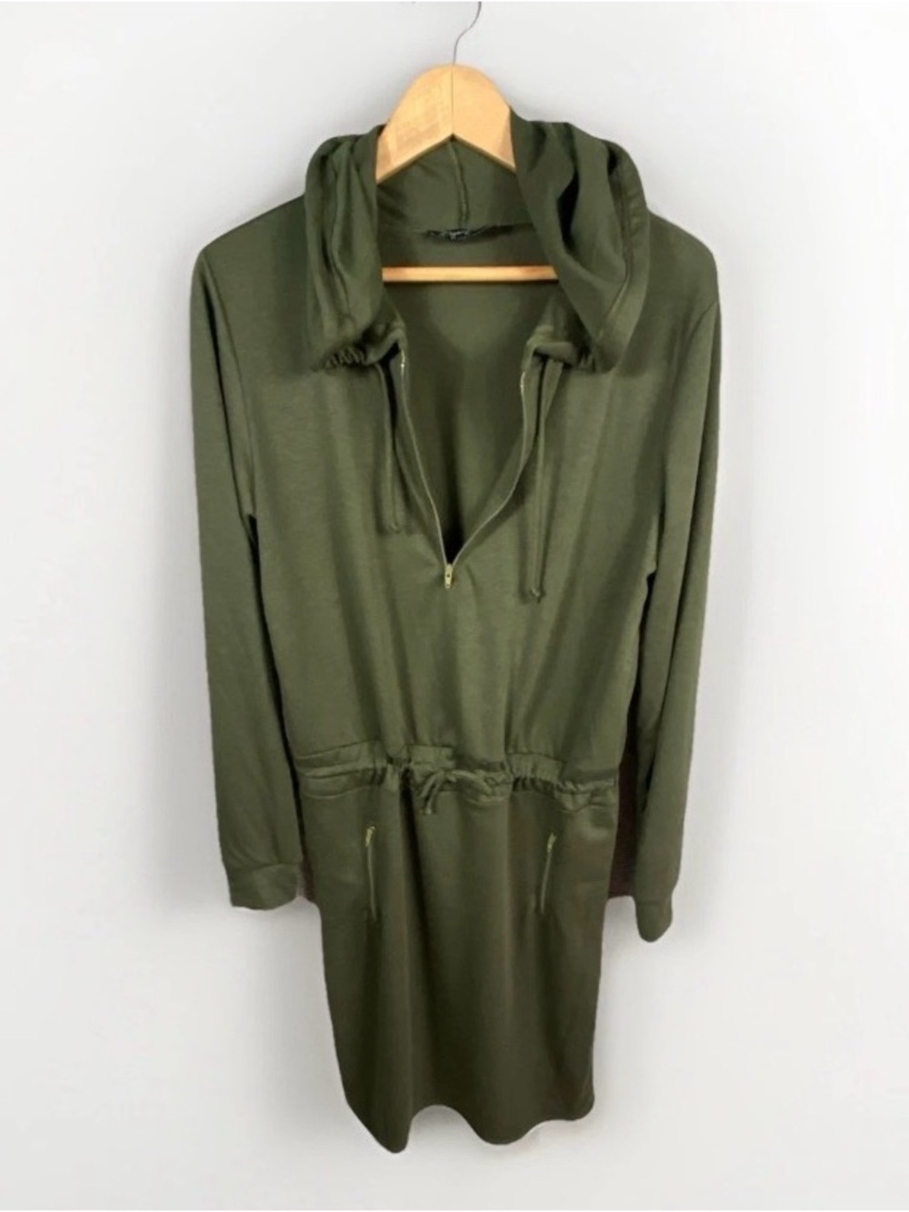 Bridgette Briana Tunic Dress Women’s L Olive Green Hooded Drawstring Made in USA